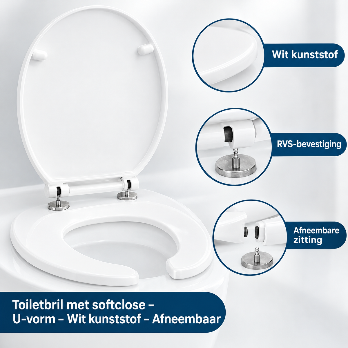 Witte kunststof toiletbril met softclose en U-vorm, afneembaar, van BukkitBow, close-up detail van het softclose mechanisme