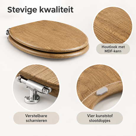 Toiletbril met softclose van BukkitBow, O-vorm, houtlook en verstelbare scharnieren, close-up van detailmateriaal.
