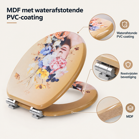 Detail van materiaal en afwerking van toiletbril met softclose