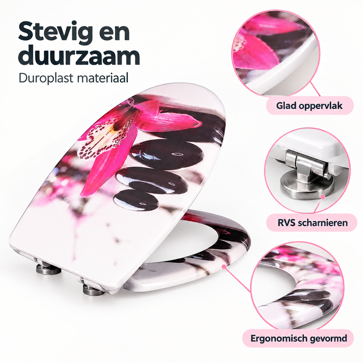 Detail van materiaal en afwerking van toiletbril met softclose