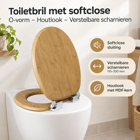 Toiletbril met softclose en O-vorm van BukkitBow, houtlook en verstelbare scharnieren voor comfortabel gebruik