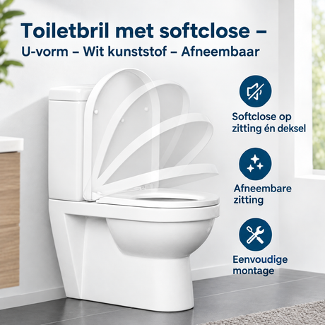 Witte kunststof toiletbril met softclose, U-vorm en afneembaar, geschikt voor comfortabel gebruik en eenvoudige reiniging.