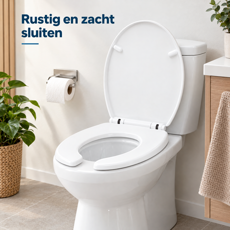 Witte kunststof toiletbril met softclose, U-vorm en afneembaar design van BukkitBow, geschikt voor comfortabel gebruik.