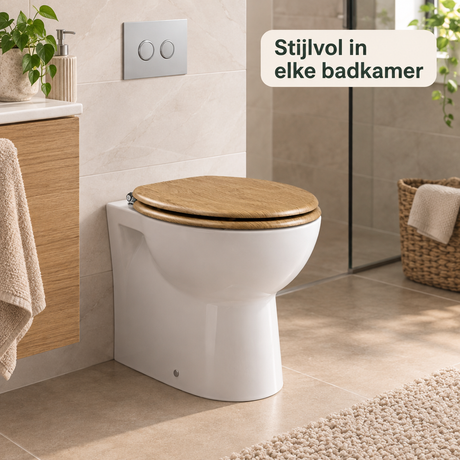 BukkitBow toiletbril met softclose, O-vorm, houtlook en verstelbare scharnieren voor comfortabel gebruik.