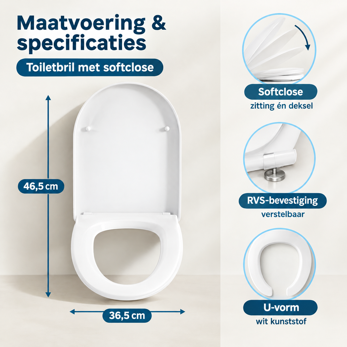 Witte kunststof toiletbril met softclose en U-vorm, afneembaar voor eenvoudig schoonmaken, van BukkitBow.