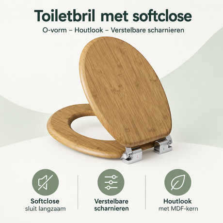 Toiletbril met softclose van BukkitBow, O-vorm, houtlook en verstelbare scharnieren voor comfortabel gebruik.