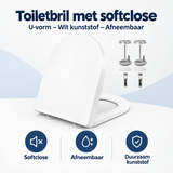 Witte kunststof toiletbril met softclose en U-vorm, afneembaar, van BukkitBow, toont overzicht van kernvoordelen.