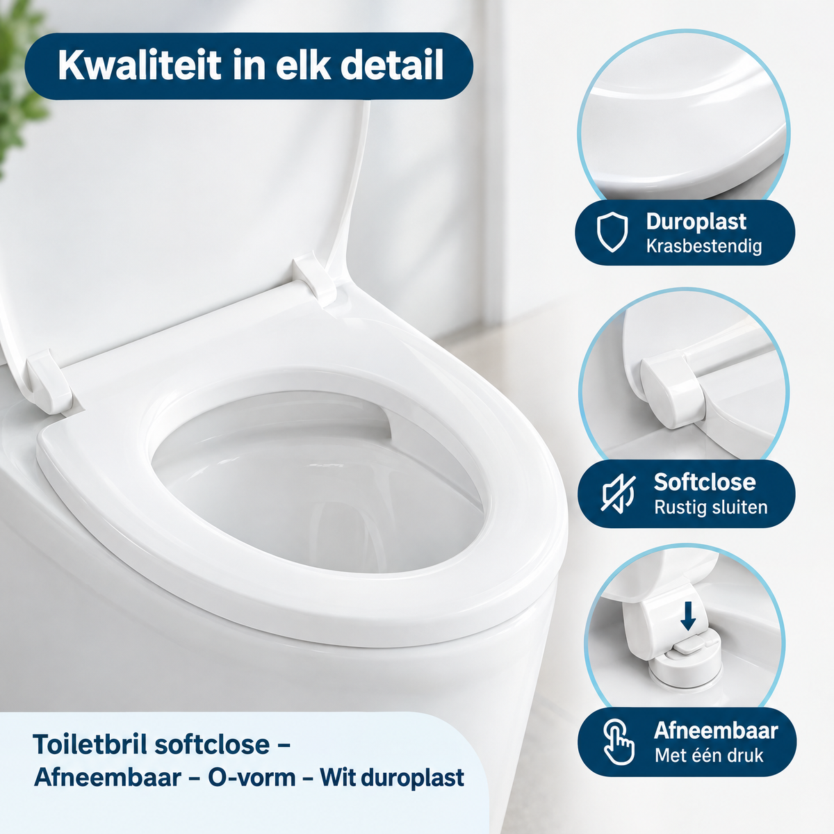 Witte toiletbril softclose van BukkitBow, afneembaar en o-vormig, gemaakt van duurzaam duroplast, detailclose-up.