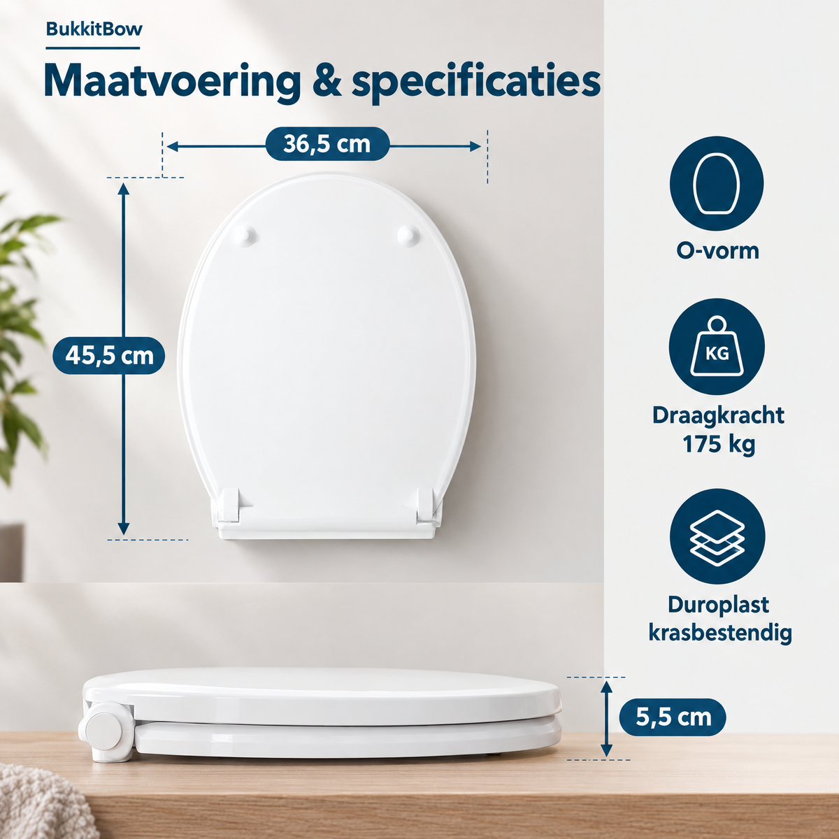 Witte softclose toiletbril met afneembare O-vorm, duurzaam duroplast, passend bij BukkitBow toilet.