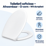 Witte BukkitBow softclose toiletbril met afneembaar O-vorm softclose deksel, gemaakt van duroplast, overzicht van kernvoordelen.