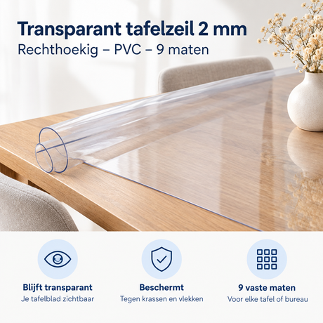 Transparant tafelzeil van 2 mm dikte, rechthoekig, PVC, in 9 maten, van BukkitBow, geschikt voor bescherming en decoratie.