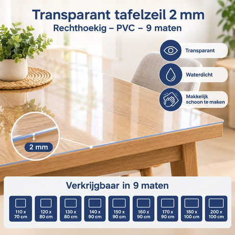 Transparant tafelzeil van BukkitBow, 2 mm dik, rechthoekig, PVC, verkrijgbaar in 9 maten, ligt op een tafel.