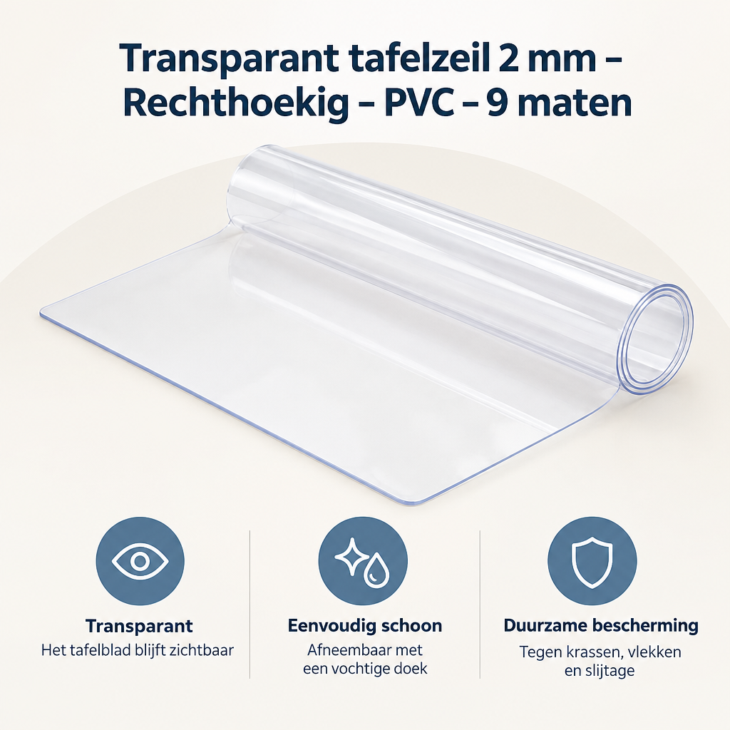 Overzicht van transparant tafelzeil 2 mm met de belangrijkste productvoordelen