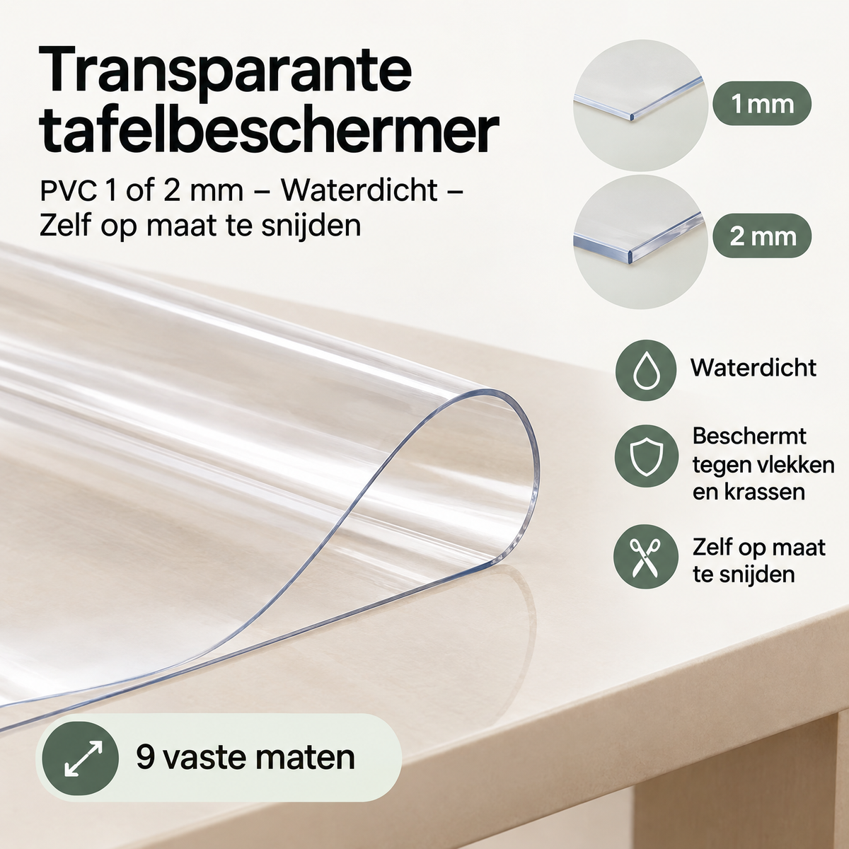 Afmetingen en productspecificaties van transparante tafelbeschermer