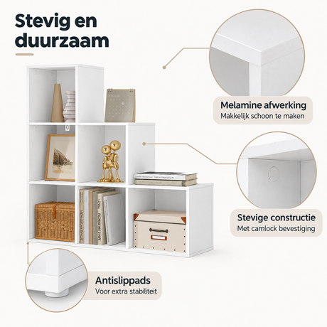 Detail van materiaal en afwerking van trapvormige boekenkast