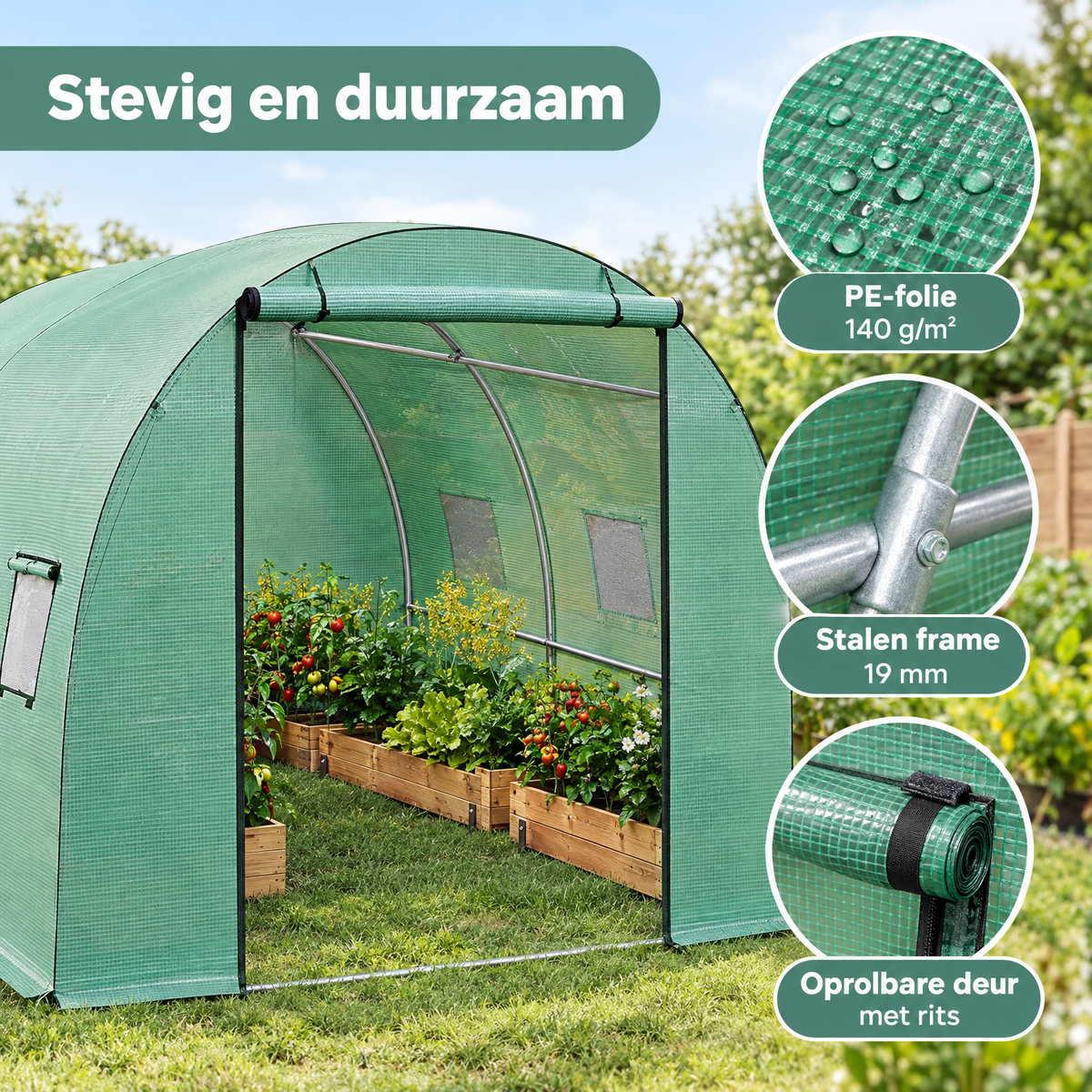 Detail van materiaal en afwerking van tunnelkas 3x3