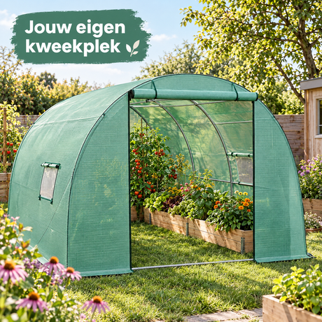 Groene BukkitBow tunnelkas van 3x3 m met 6 ramen en oprolbare ritsdeur, geschikt voor tuin- en plantenbescherming.