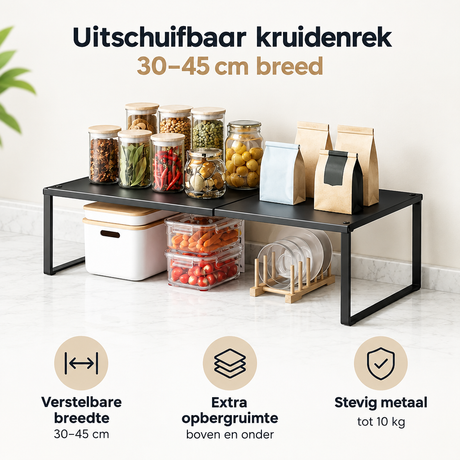 Uitschuifbaar kruidenrek van zwart metaal, 30-45 cm breed, geschikt voor aanrecht of kast, ideaal voor het organiseren van kruiden.
