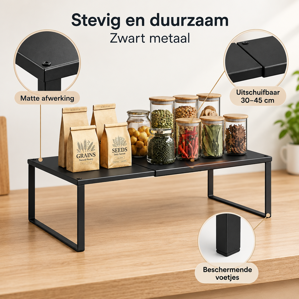 Detail van materiaal en afwerking van uitschuifbaar kruidenrek