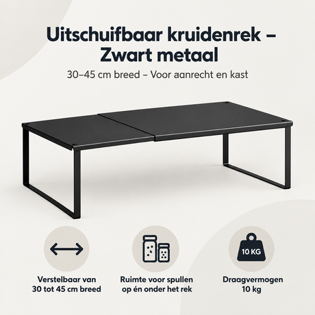 Overzicht van uitschuifbaar kruidenrek met de belangrijkste productvoordelen