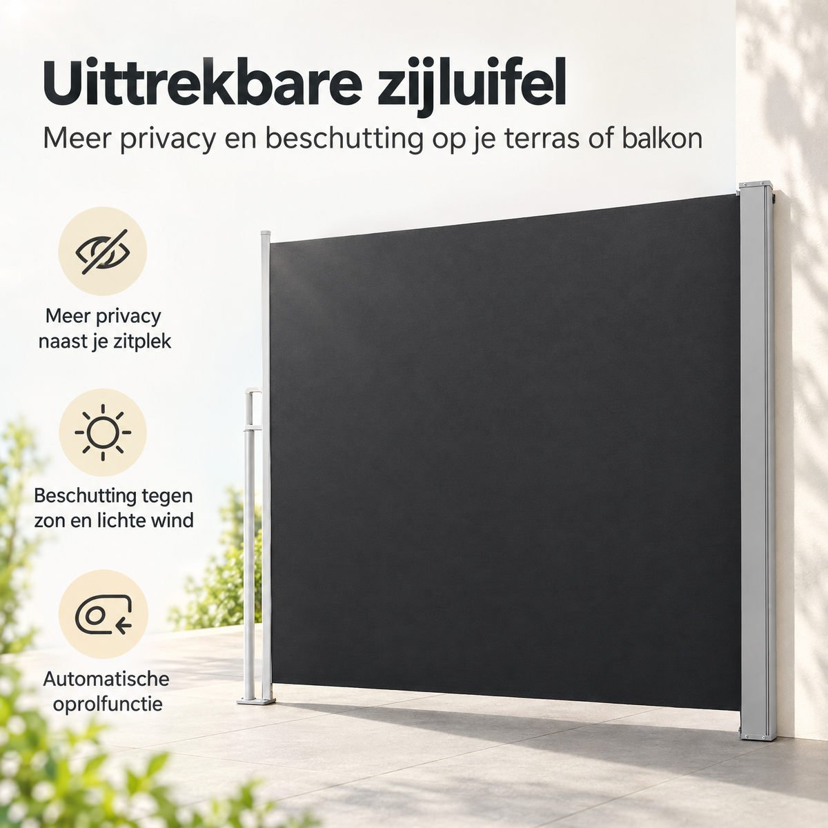 Uittrekbare zijluifel van BukkitBow, 160-180 cm hoog, in crème of antraciet, gemaakt van polyester, voor schaduw en bescherming.