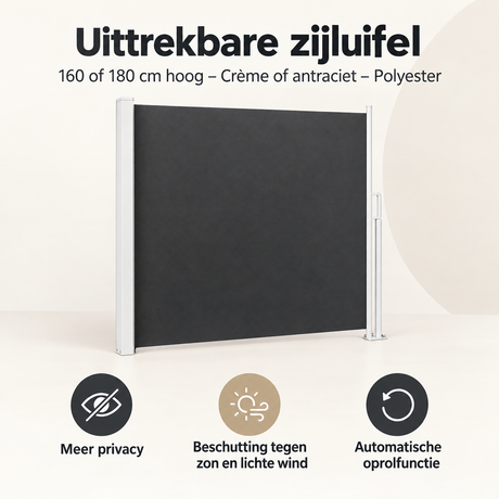 Uittrekbare zijluifel van BukkitBow, 160 of 180 cm hoog, crème of antraciet, polyester, voor schaduw en bescherming.