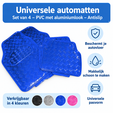 Set van 4 universele automatten van PVC met aluminiumlook en antislip, geschikt voor diverse autotypen.