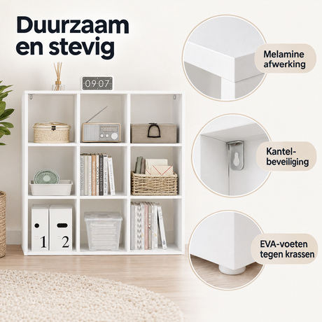 Detail van materiaal en afwerking van vakkenkast 9 vakken