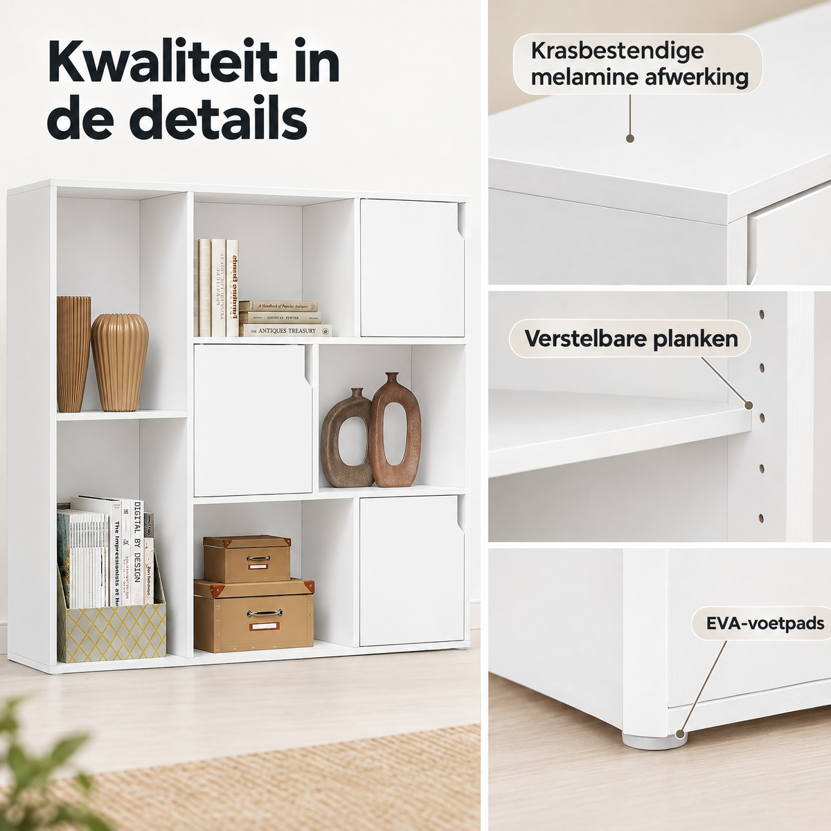 Detail van materiaal en afwerking van vakkenkast met 8 vakken