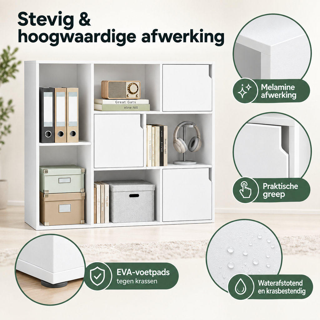 Detail van materiaal en afwerking van vakkenkast met deuren