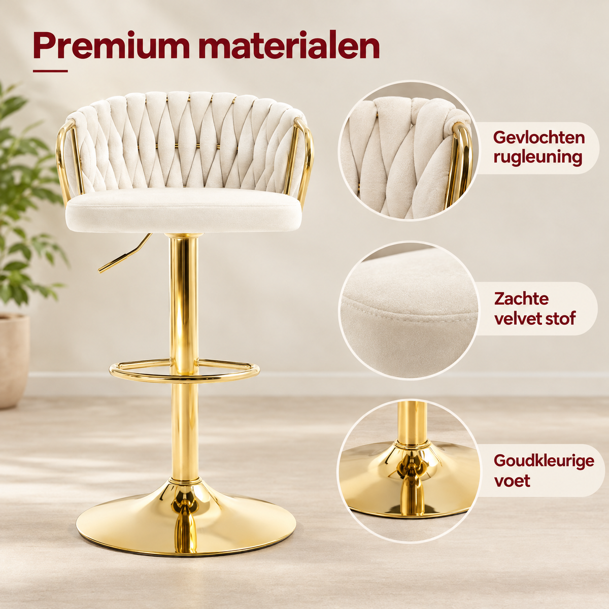 Detail van materiaal en afwerking van velvet barkruk