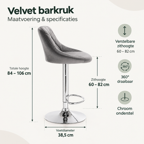 Afmetingen en productspecificaties van velvet barkruk
