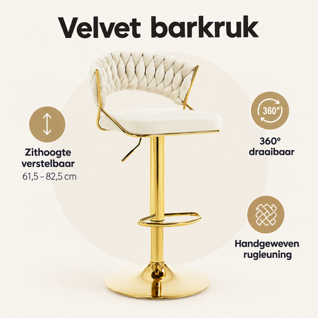 Overzicht van velvet barkruk met de belangrijkste productvoordelen