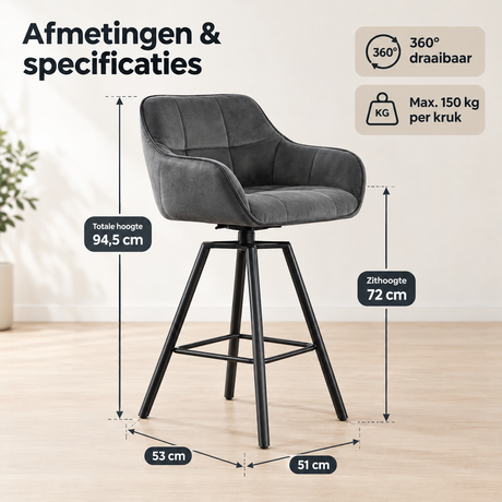 Afmetingen en productspecificaties van velvet barkrukken
