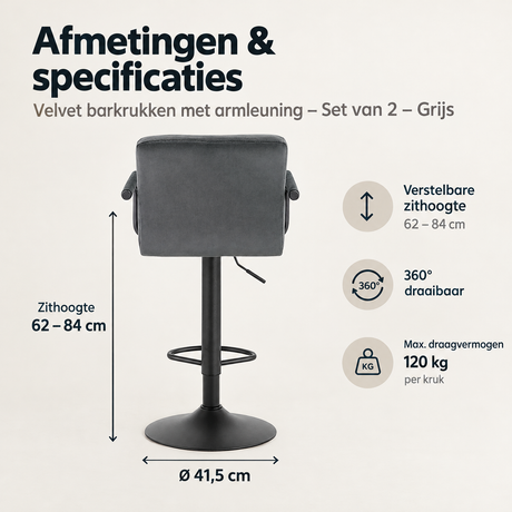 Afmetingen en productspecificaties van velvet barkrukken met armleuning