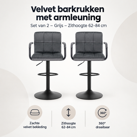 Overzicht van velvet barkrukken met armleuning met de belangrijkste productvoordelen