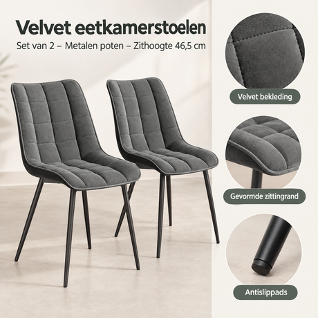 Detail van materiaal en afwerking van velvet eetkamerstoelen