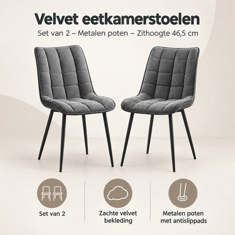 Overzicht van velvet eetkamerstoelen met de belangrijkste productvoordelen