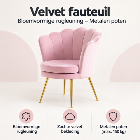 Overzicht van velvet fauteuil met de belangrijkste productvoordelen