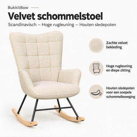 Velvet schommelstoel van BukkitBow met hoge rugleuning en houten sledepoten, Scandinavisch design, comfortabele lounge stoel