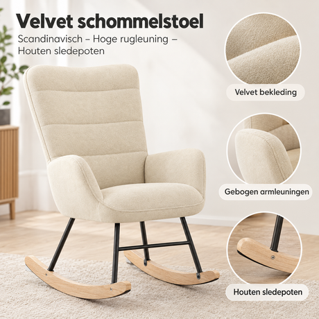 Velvet schommelstoel van BukkitBow met hoge rugleuning en houten sledepoten, Scandinavisch design, comfortabel en stijlvol.