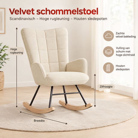 Velvet schommelstoel van BukkitBow met hoge rugleuning en houten sledepoten, Scandinavisch design en comfortabel zitvlak.