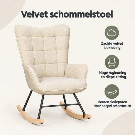 Velvet schommelstoel van BukkitBow met hoge rugleuning en houten sledepoten, Scandinavisch design en comfortabel zitvlak.