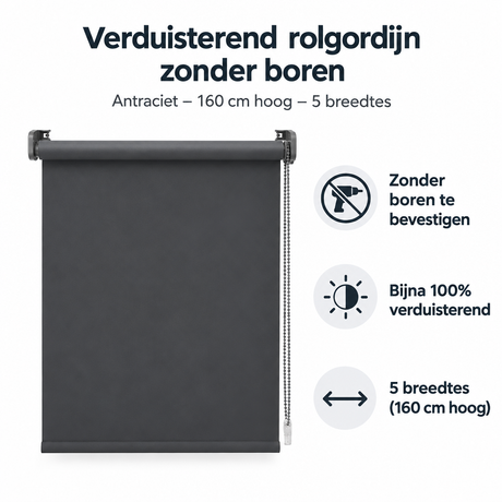 Antraciet verduisterend rolgordijn zonder boren van BukkitBow, 160 cm hoog, geschikt voor verschillende breedtes.