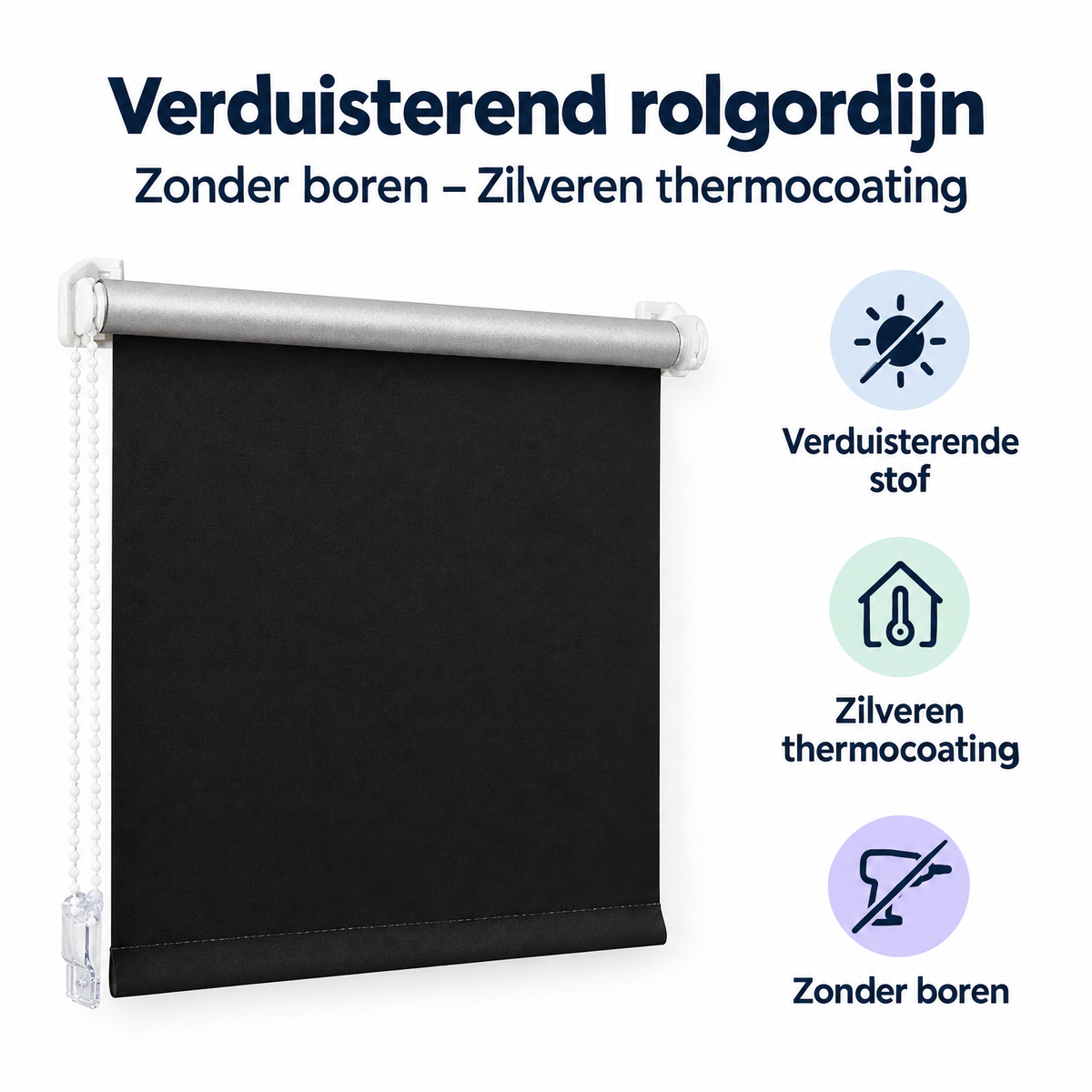 Verduisterend rolgordijn van BukkitBow met zilveren thermocoating, zonder boren, geschikt voor verduistering en warmte-isolatie.