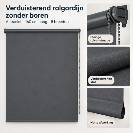 Verduisterend rolgordijn zonder boren van BukkitBow in antraciet, close-up van het materiaal en textuur, 160 cm hoog.
