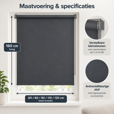 Verduisterend rolgordijn zonder boren van BukkitBow in antraciet, 160 cm hoog, diverse breedtes, ideaal voor verduistering.
