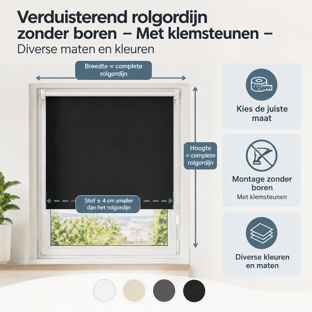 Afmetingen en productspecificaties van verduisterend rolgordijn zonder boren