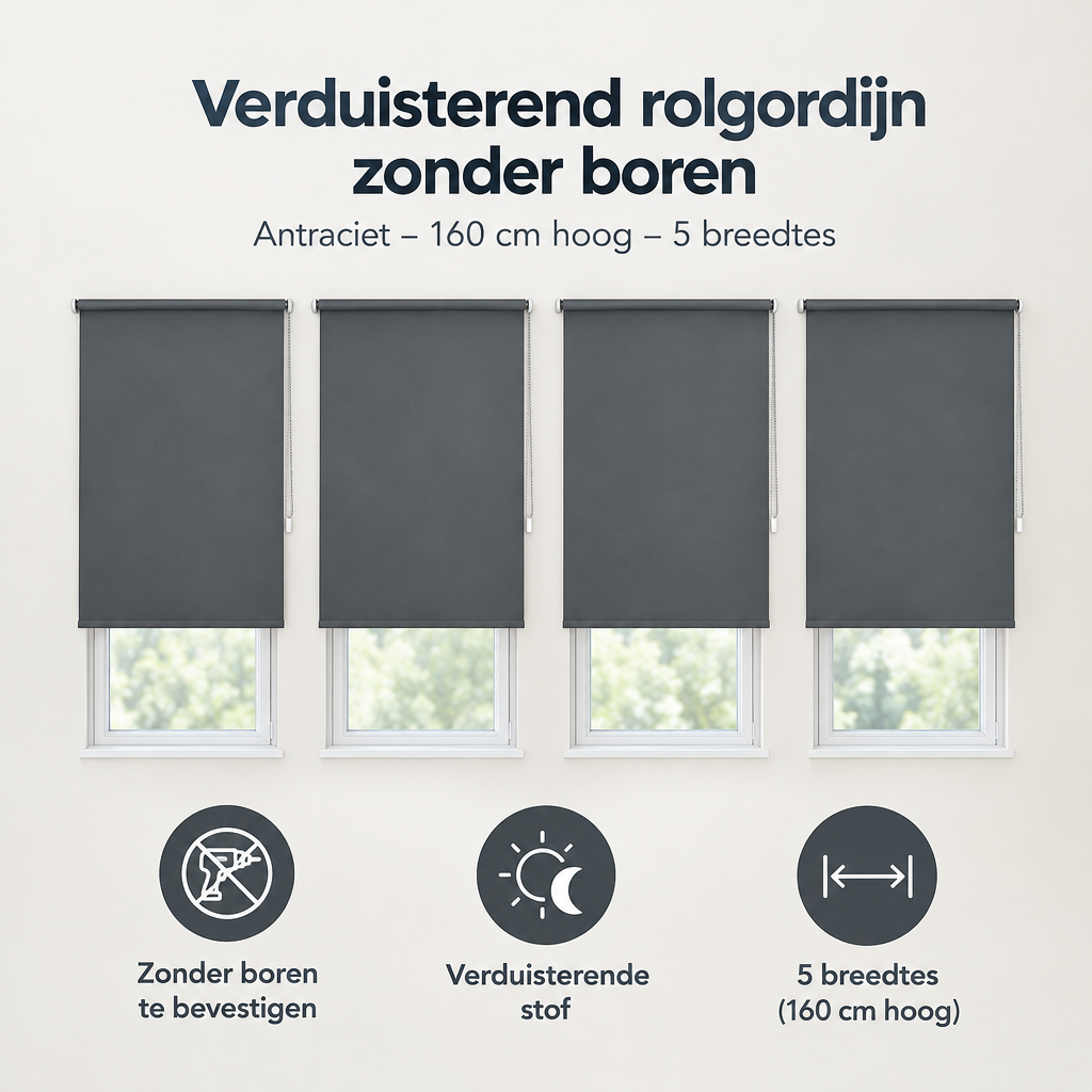 Overzicht van verduisterend rolgordijn zonder boren met de belangrijkste productvoordelen