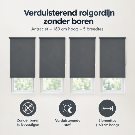 Verduisterend rolgordijn zonder boren in antraciet, 160 cm hoog, geschikt voor verschillende breedtes, van BukkitBow.